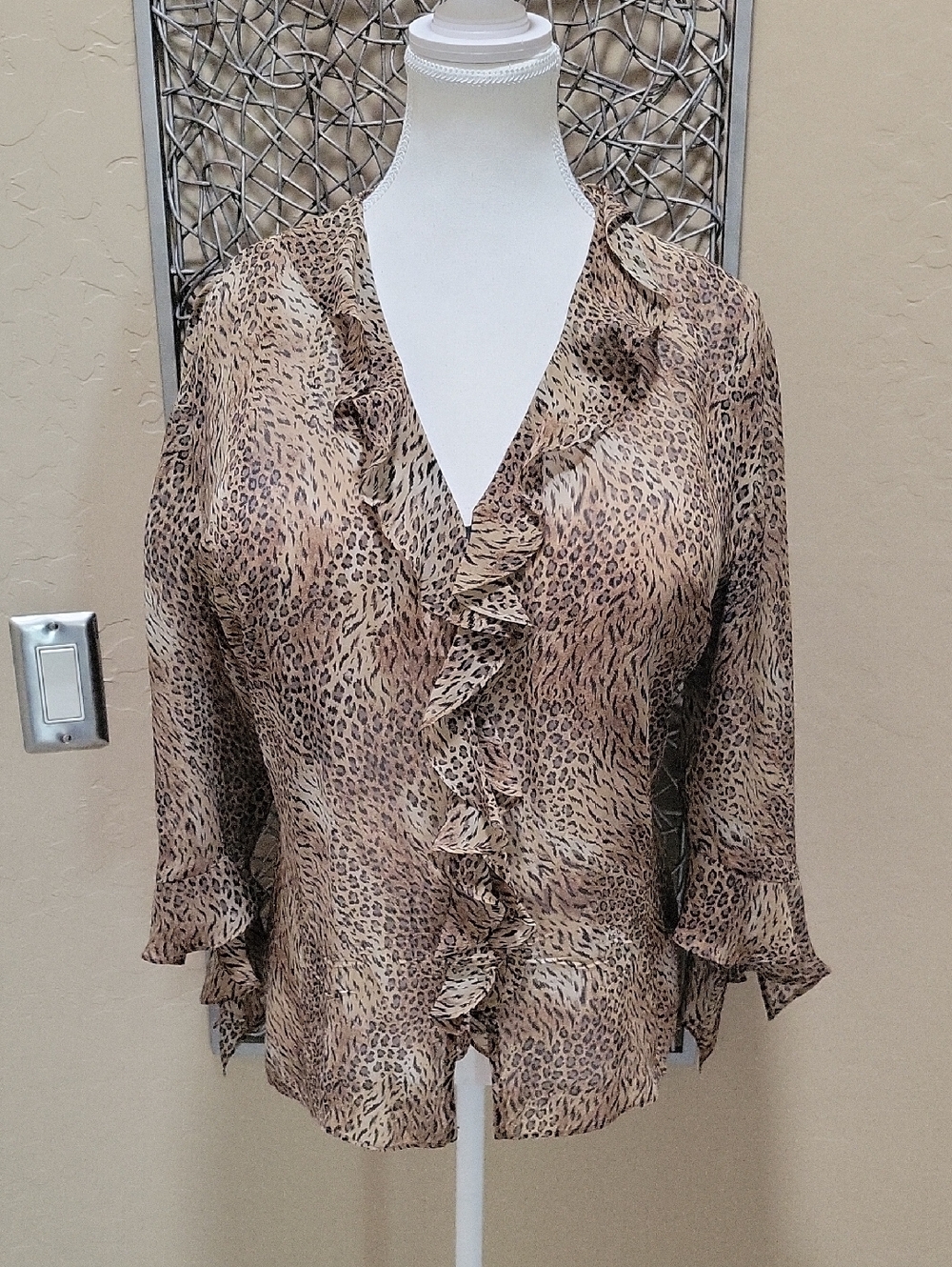 Chico's Women’s Silk Ruffle Leopard Print Blouse